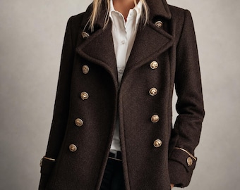 Women’s Dark Brown Wool Peacoat, Double Breasted Military Jacket with Gold Buttons