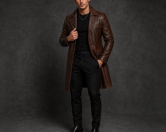 Men’s Brown Leather Long Coat, Genuine Leather Trench Overcoat, Handmade Slim Fit Jacket, Vintage Gift for Him