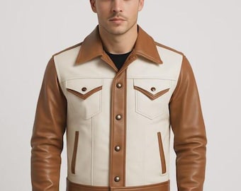Two-Tone Brown & White Leather Jacket: Genuine Cowhide Moto Jacket