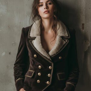 Puede incluir: Chaqueta de terciopelo marrón con cuello de piel sintética color crema y botones dorados. La chaqueta de doble botonadura presenta ribetes dorados alrededor de los bolsillos y los bordes. La modelo lleva la chaqueta con las manos en los bolsillos.