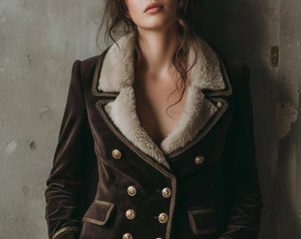 Velvet Double-Breasted Jacket with Full Fur Lining | Luxurious Winter Coat for Women | Vintage Style with Button Closures