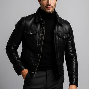 Svart läderbikerjacka för män: Slim fit ytterkläder i äkta läder