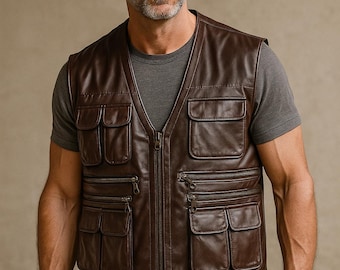 Handmade Sheepskin Leather Utility Vest: Brown Outdoor Waistcoat Jacket
