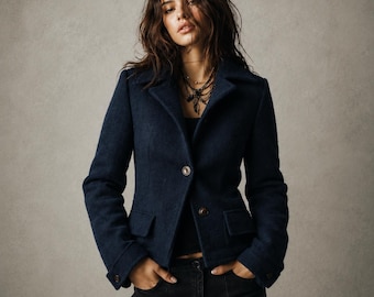 Women’s Dark Blue Wool Coat, Vintage Retro Waisted Short Jacket, Quiet Luxury Winter Blazer