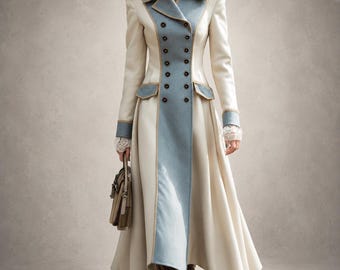 Women’s Retro Contrast Wool Blend Maxi Coat, Ivory Blue Double Breasted Victorian Outerwear