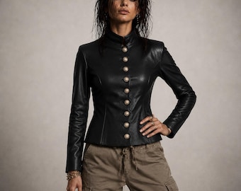 Women's Black Leather Military Jacket, Gold Button Fitted Gothic Rockstar Coat