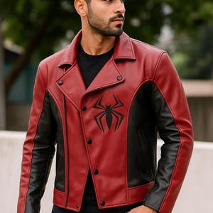 Black & Maroon Leather Jacket | Handmade Embossed Halloween Cosplay Coat | Real Sheepskin Leather Comic Costume by Cold Core