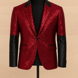 Puede incluir: Una americana roja con lentejuelas, mangas de cuero negro y cuello de cuero negro. El cierre de un solo botón y el corte entallado crean una silueta elegante. La chaqueta se exhibe en un maniquí negro.