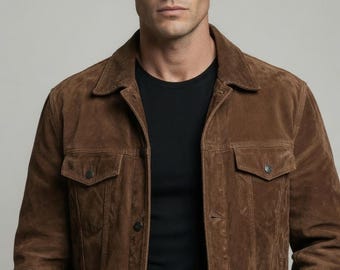 Chaqueta vaquera de ante marrón para hombre – Chaqueta de ante con cuello de pana vintage hecha a mano, abrigo de cuero western de primera calidad