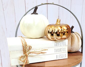 Grateful Thankful Blessed Stamped Book Set - Fall Paper Book Set - Thanksgiving Farmhouse Stamped Books - Fall Tiered Tray Decor