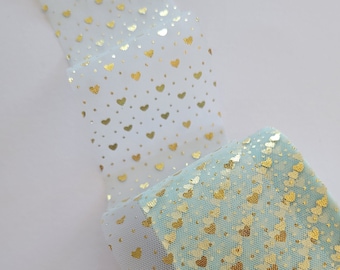 Mint Green and Gold Heart Print Tulle 25 yds - Tulle with Gold Metallic Hearts - Tutu and Hair Bow Supplies