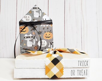 Trick or Treat Stamped Books with Buffalo Plaid Ribbon - Halloween Stamped Books - Halloween Decor - Farmhouse Books - Tiered Tray Decor