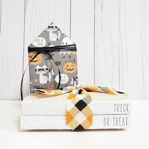 Trick or Treat Stamped Books with Buffalo Plaid Ribbon Halloween Stamped Books Halloween Decor Farmhouse Books Tiered Tray Decor image 1