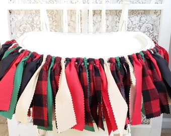 LUMBERJACK First Birthday Party - Highchair Banner - Red and Black Buffalo Plaid