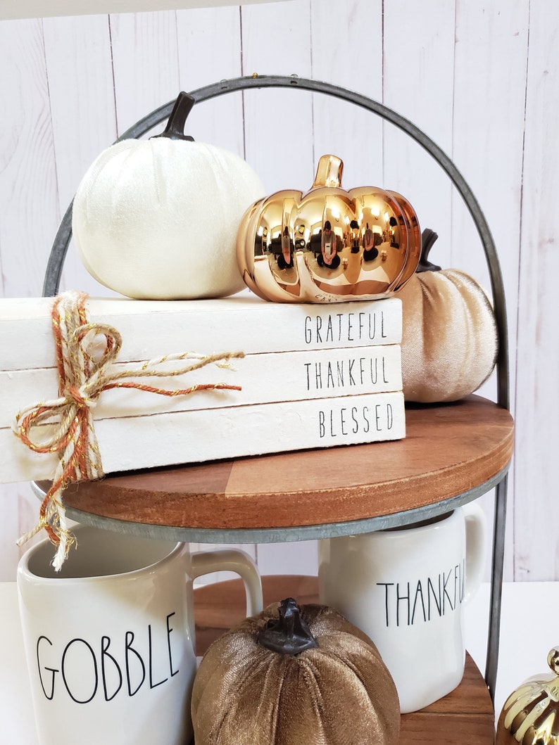 Grateful Thankful Blessed Stamped Book Set Fall Paper Book Set Thanksgiving Farmhouse Stamped Books Fall Tiered Tray Decor image 3