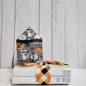 Trick or Treat Stamped Books with Buffalo Plaid Ribbon Halloween Stamped Books Halloween Decor Farmhouse Books Tiered Tray Decor image 2