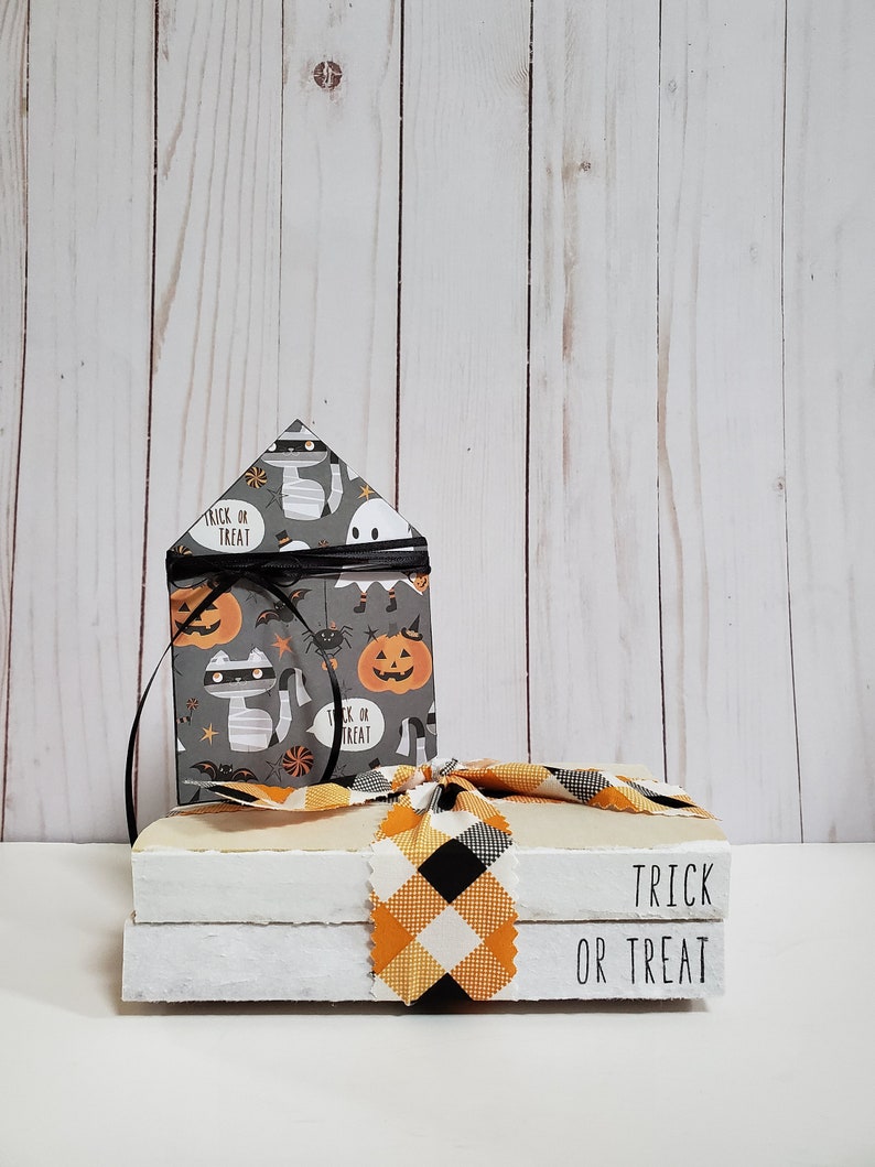 Trick or Treat Stamped Books with Buffalo Plaid Ribbon Halloween Stamped Books Halloween Decor Farmhouse Books Tiered Tray Decor image 2