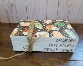 Hot Cocoa, Cookies, Sleigh Rides Stamped Books - Christmas Winter Tiered Tray Decor - Farmhouse Stamped Books