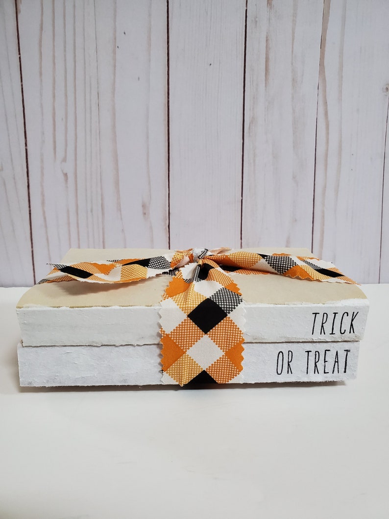 Trick or Treat Stamped Books with Buffalo Plaid Ribbon Halloween Stamped Books Halloween Decor Farmhouse Books Tiered Tray Decor image 5