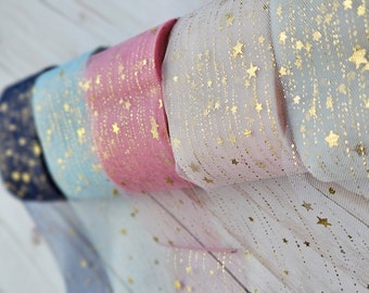 Metallic Gold Star Tulle - Twinkle Twinkle Little Star - 25 yds - Gold Glitter Pink and Gold Tulle - Tutu Hair Bow Supplies - Navy and Gold