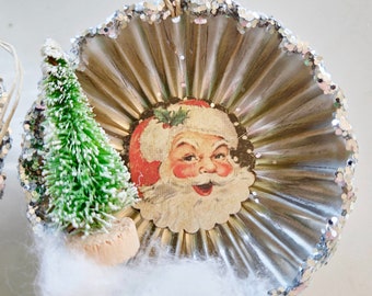 Vintage Tart Tin Christmas Ornament with Santa - Bottle Brush Tree Ornaments - Vintage Santa Ornament