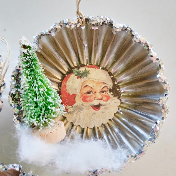 Vintage Tart Tin Christmas Ornament with Santa - Bottle Brush Tree Ornaments - Vintage Santa Ornament