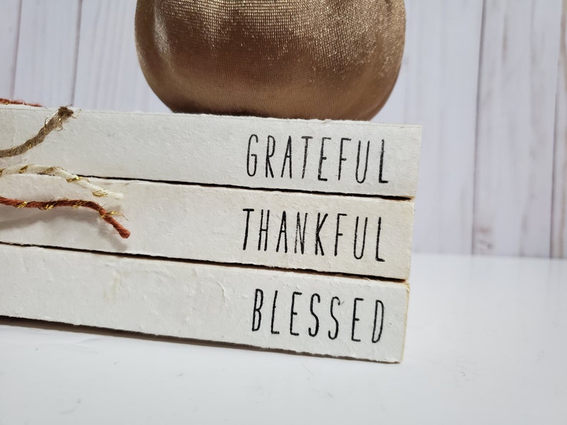 Grateful Thankful Blessed Stamped Book Set Fall Paper Book Set Thanksgiving Farmhouse Stamped Books Fall Tiered Tray Decor image 10