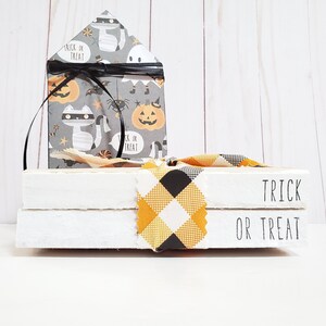 Trick or Treat Stamped Books with Buffalo Plaid Ribbon Halloween Stamped Books Halloween Decor Farmhouse Books Tiered Tray Decor image 4