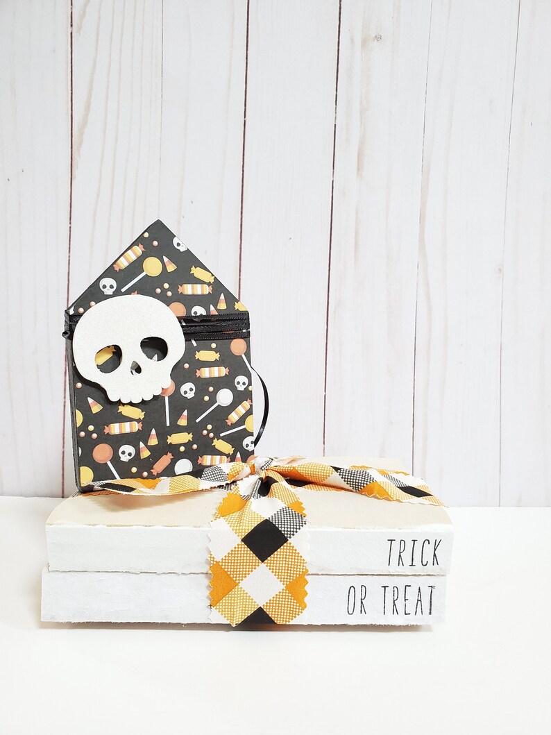 Trick or Treat Stamped Books with Buffalo Plaid Ribbon Halloween Stamped Books Halloween Decor Farmhouse Books Tiered Tray Decor image 7