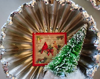 Vintage Tart Tin Christmas Ornament with Cardinal, Kitty, Horses - Bottle Brush Tree Ornaments - Vintage Santa Ornament