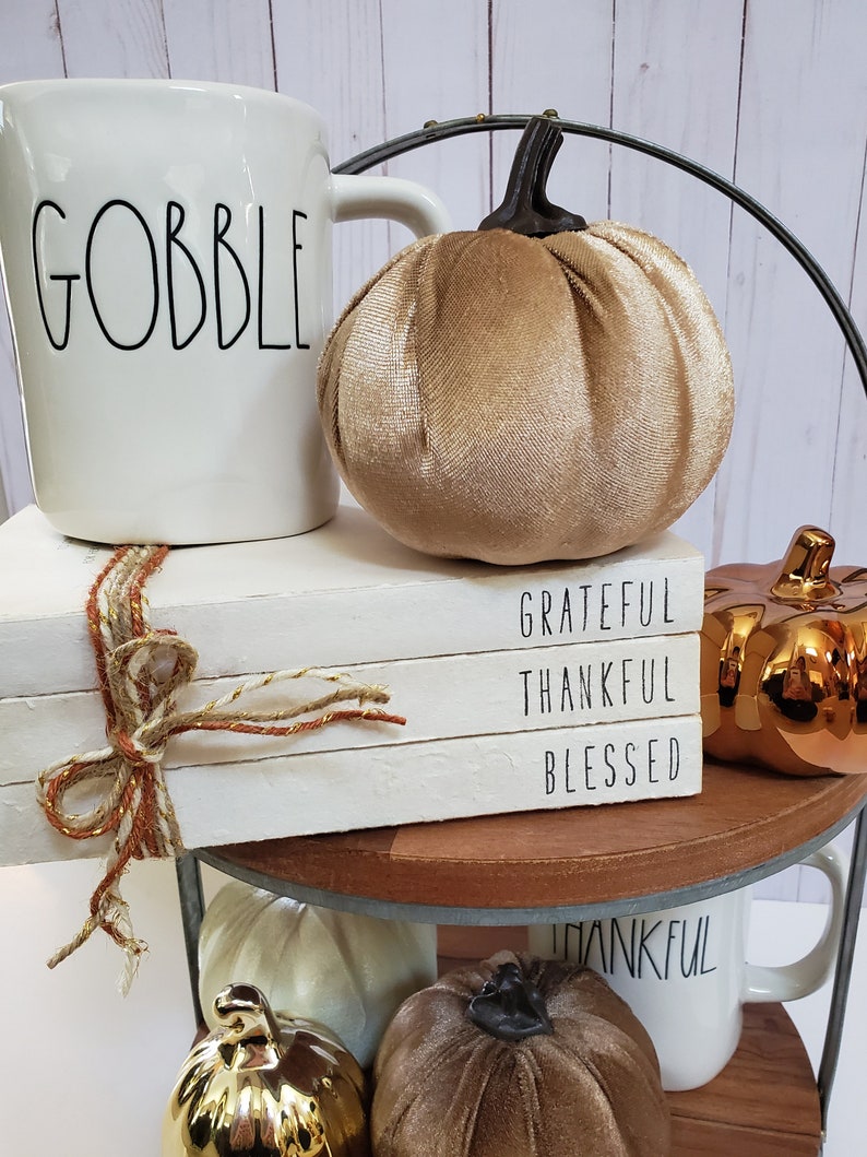 Grateful Thankful Blessed Stamped Book Set Fall Paper Book Set Thanksgiving Farmhouse Stamped Books Fall Tiered Tray Decor image 6