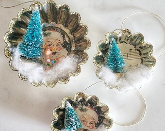 Vintage Tart Tin Christmas Ornaments with Santa and Reindeer - Set of 3 - Bottle Brush Tree Ornaments