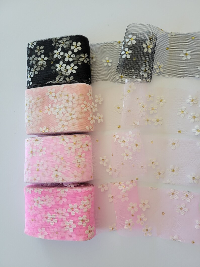 Daisy Print Tulle 25 yds Bright Pink, Baby Pink and Black Tulle Crazy Daisy Daisies Tutu and Hair Bow Supplies image 9