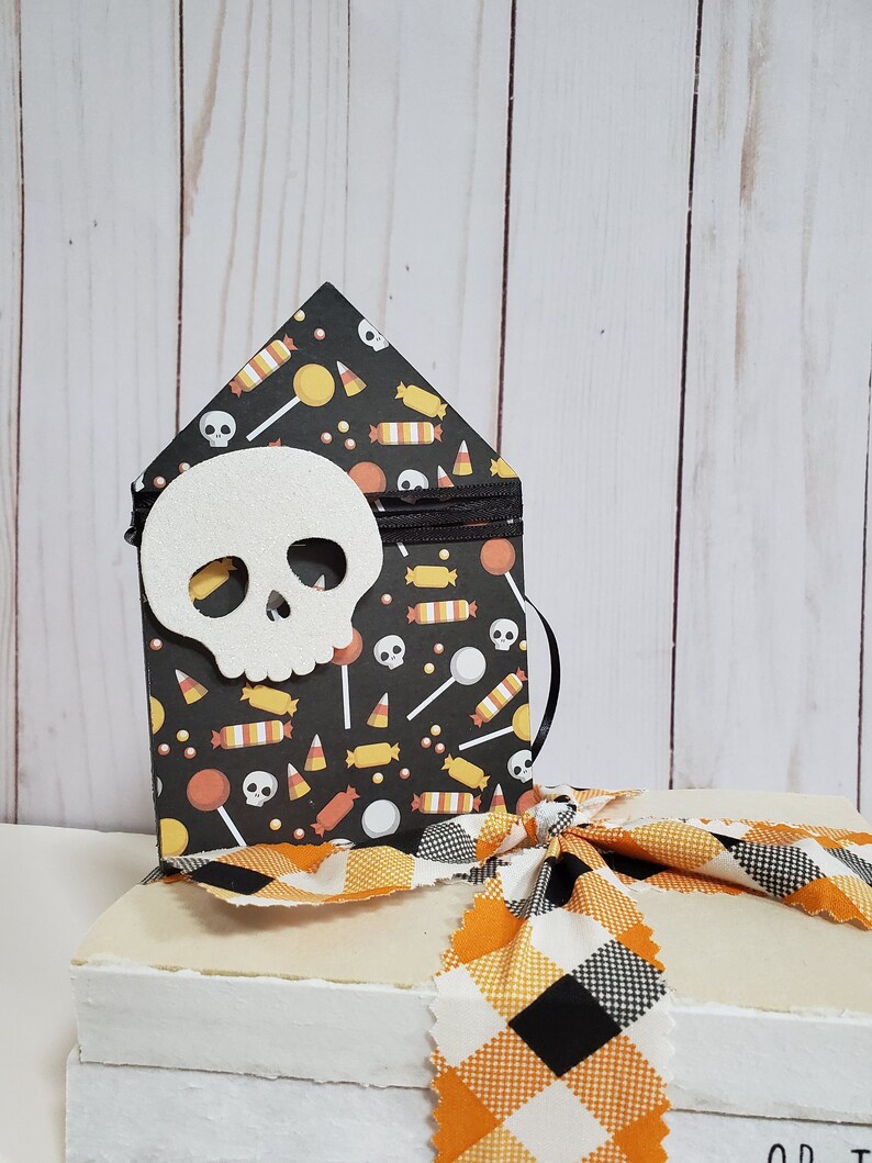 Trick or Treat Stamped Books with Buffalo Plaid Ribbon Halloween Stamped Books Halloween Decor Farmhouse Books Tiered Tray Decor image 8