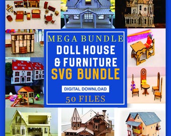 Laser Cut Puppenhaus SVG Bundle: 50 Puppenhaus & Möbel Designs (3 mm MDF Dateien)
