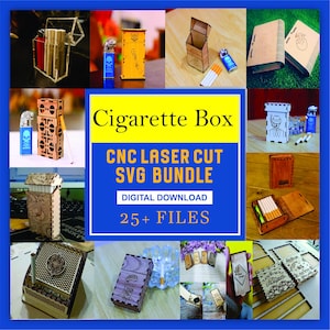 May include: A selection of cigarette boxes and lighters in various designs. The image showcases boxes made from materials like clear acrylic and wood, with laser-cut patterns. Text on the image states "Cigarette Box CNC Laser Cut SVG Bundle Digital Download 25+ Files."