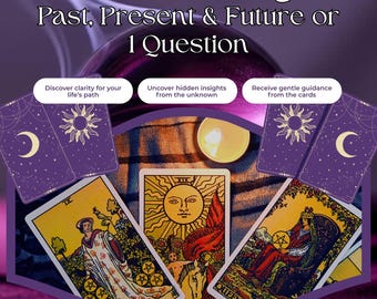 May include: A digital tarot reading advertisement featuring three tarot cards with the text "3-Card Tarot Reading PDF." The cards are arranged around a purple geometric shape. The text includes "Past, Present & Future or 1 Question." The image also includes the text "Discover clarity for your life's path."