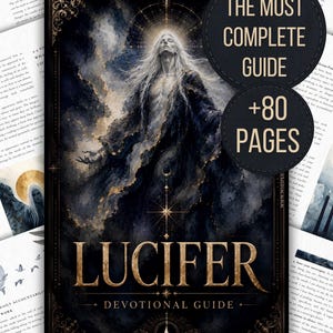May include: A book cover with the title "LUCIFER DEVOTIONAL GUIDE" in gold lettering. The cover features an illustration of a figure with long white hair and a dark background. The text "THE MOST COMPLETE GUIDE" and "+80 PAGES" are also visible.