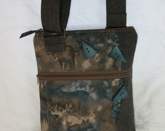 Quilted Cross-Body and Shoulder Purse - Batik Moose in Taupe and Teal Blue