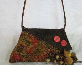 Quilted Small Shoulder Bag with Matching Face Mask - Abstract Leaf and Floral in Browns and Rust