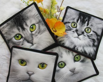 Quilted Cotton Fabric Coasters Set #3 - Cat Faces Black and White with Green Eyes