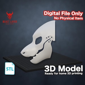 Könnte beinhalten: Ein weißes 3D-Modell einer Tiermaske, bereit für den 3D-Druck. Das Bild enthält den Text "Digital File Only, No Physical Item" und "3D Model, Ready for home 3D printing". Das STL-Dateisymbol ist sichtbar.