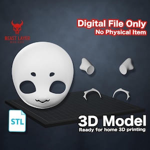 May include: A white 3D model of a cartoon face with large eye openings and a small mouth, along with separate ear and horn pieces. The image includes the text "Digital File Only No Physical Item" and "3D Model Ready for home 3D printing".