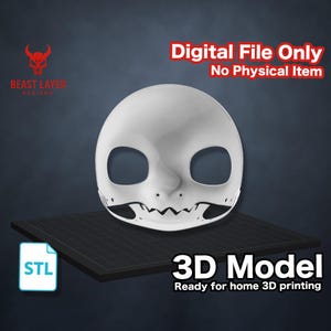May include: A white, skull-shaped mask with large eye sockets and a jagged lower jaw. The image includes text that reads "Digital File Only, No Physical Item" and "3D Model, Ready for home 3D printing."