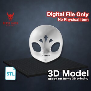 May include: A white mask with a stylized face design, featuring large eye openings and a small, smiling mouth. The image includes the text "Digital File Only, No Physical Item" and "3D Model, Ready for home 3D printing."