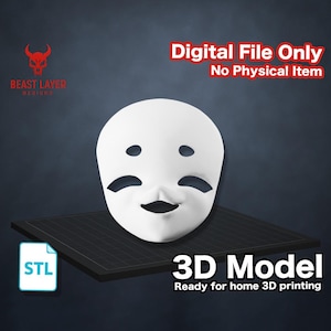 May include: A white 3D model mask with black eye and mouth cutouts. The image includes the text "Digital File Only, No Physical Item" and "3D Model, Ready for home 3D printing". The STL file icon is also visible.