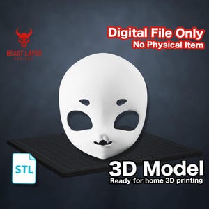 May include: A white 3D model of a stylized face with large eye openings and a small mouth. The image includes the text "Digital File Only, No Physical Item" and "3D Model, Ready for home 3D printing."