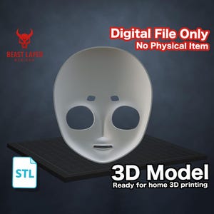May include: A pale grey mask with a smooth surface, featuring large eye openings, a small nose, and a slightly open mouth. The image is a 3D model, ready for home 3D printing. Text on the image reads "Digital File Only, No Physical Item" and "3D Model".