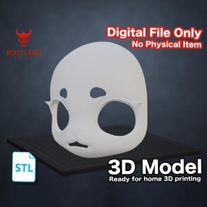 May include: A white 3D model of a stylized face mask with large eye and mouth openings. The text "Digital File Only No Physical Item" and "3D Model Ready for home 3D printing" are displayed. The logo for Beast Layer Design and an STL file icon are also visible.