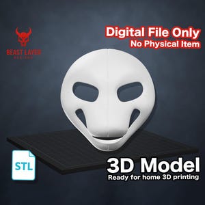 May include: White 3D model of a mask with large eye and mouth openings. The image includes the text "Digital File Only, No Physical Item" and "3D Model, Ready for home 3D printing". The STL file is available for download.